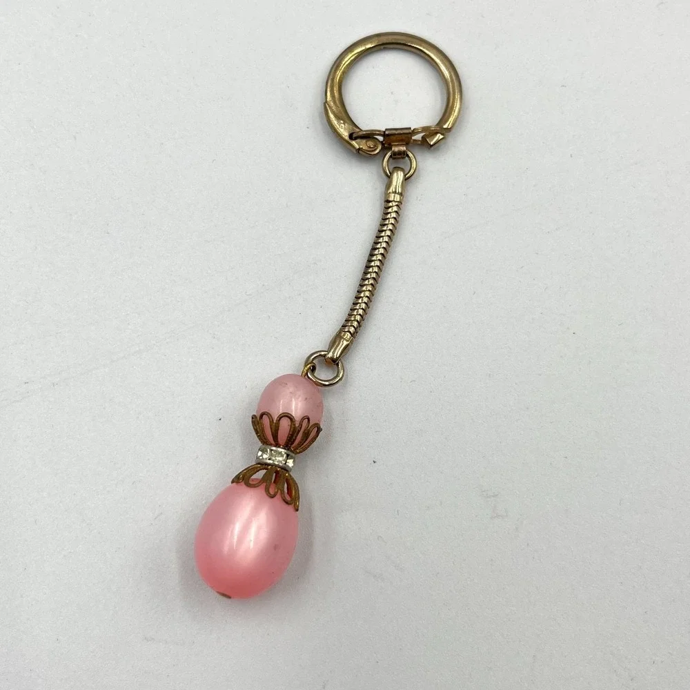 Vintage Retro Pink Moonglow Bead Keychain Gold Tone Snake Chain Rhinestone